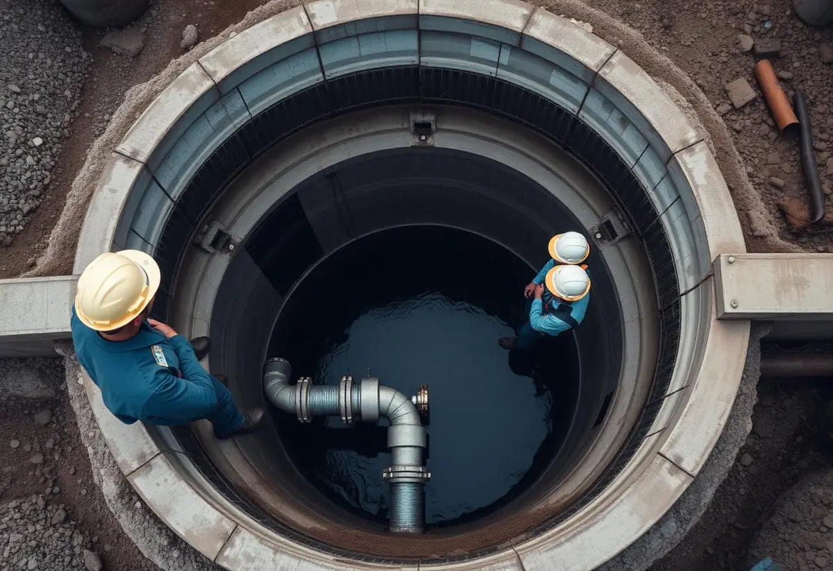 Engenheiros supervisionando montagem de tubulação em obra de saneamento